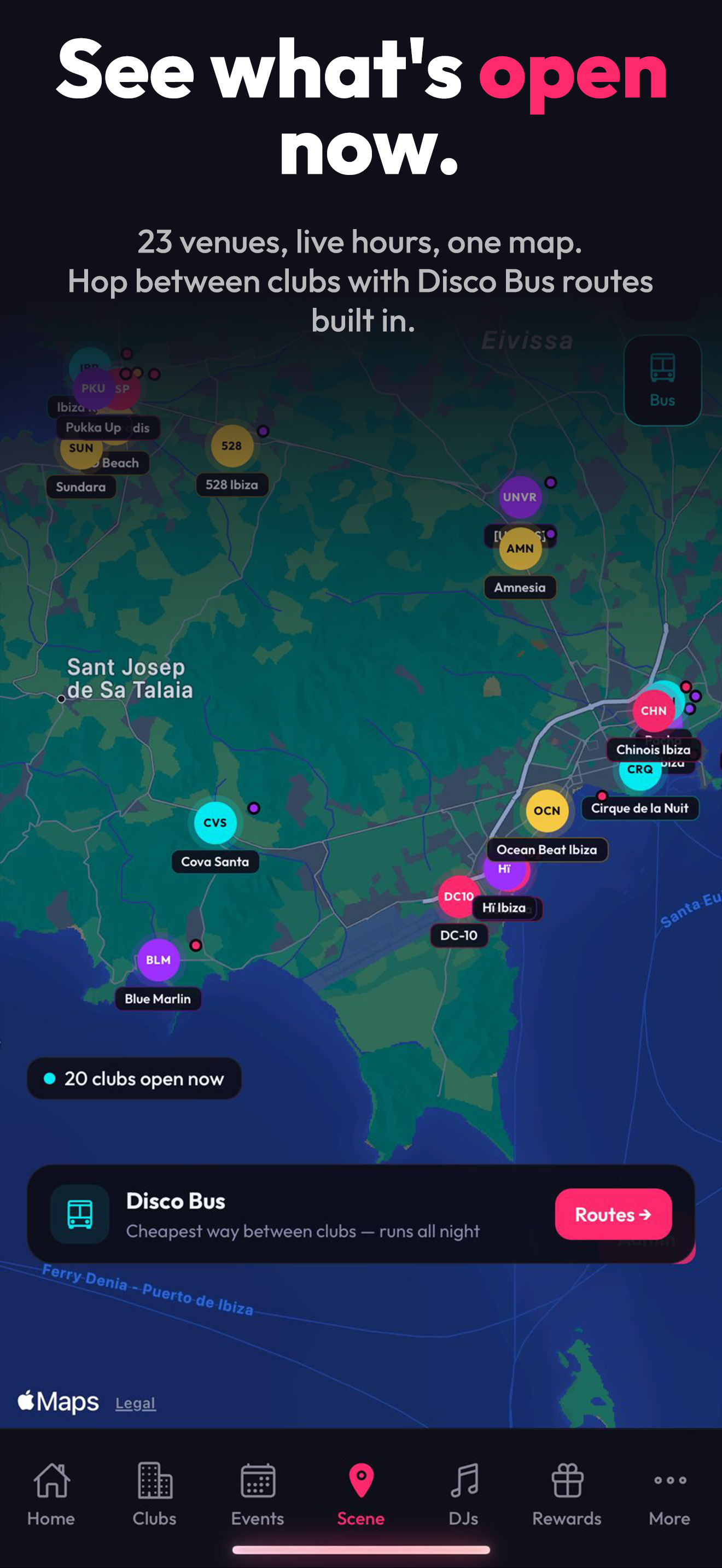 Scene — interactive map of every venue with live opening hours