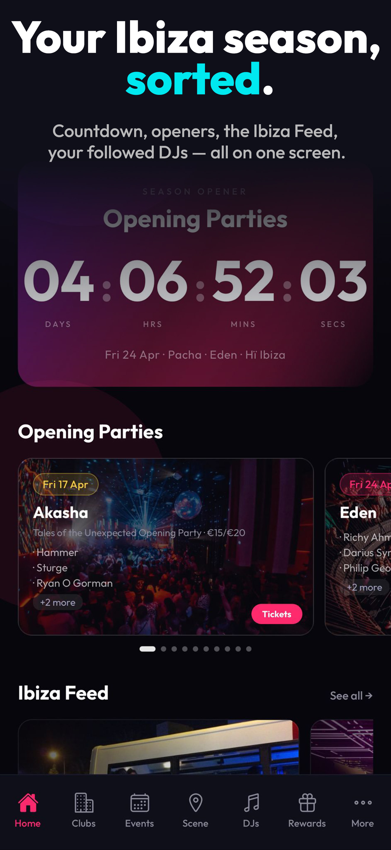 Home — countdown, opening parties and the Ibiza Feed