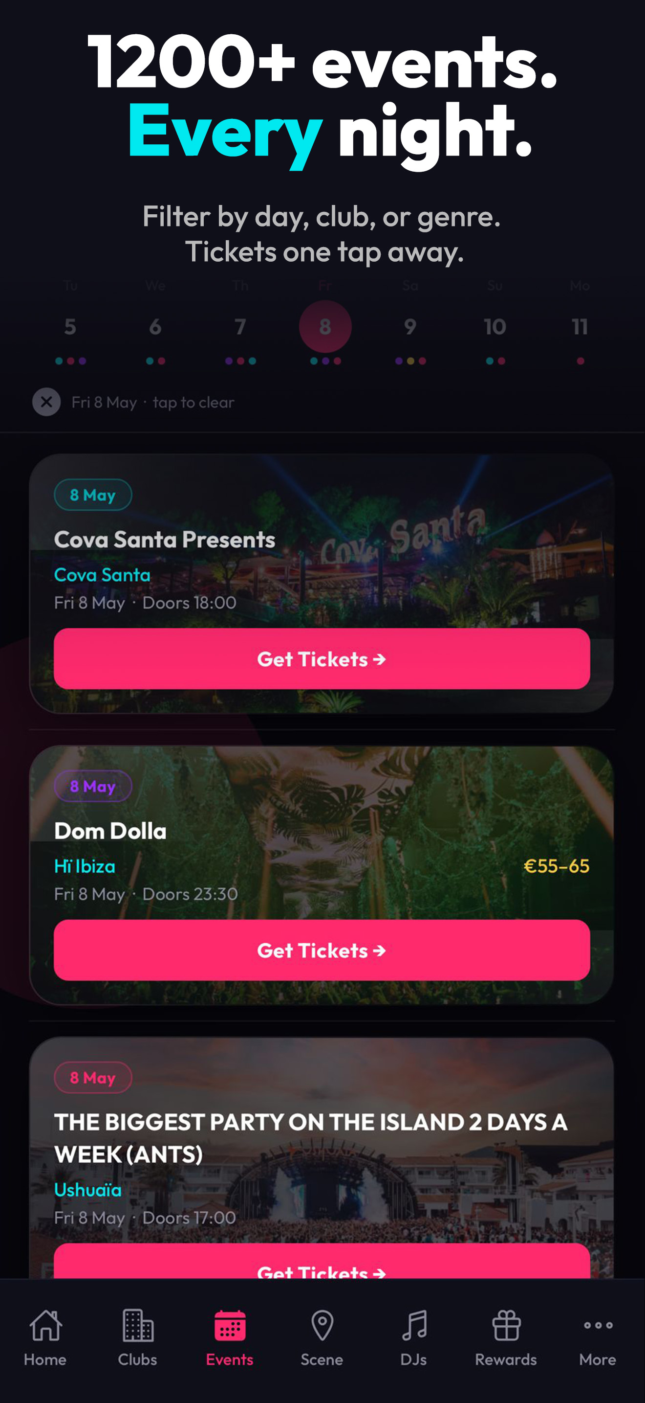 Events — every party, filterable by day, club, or genre