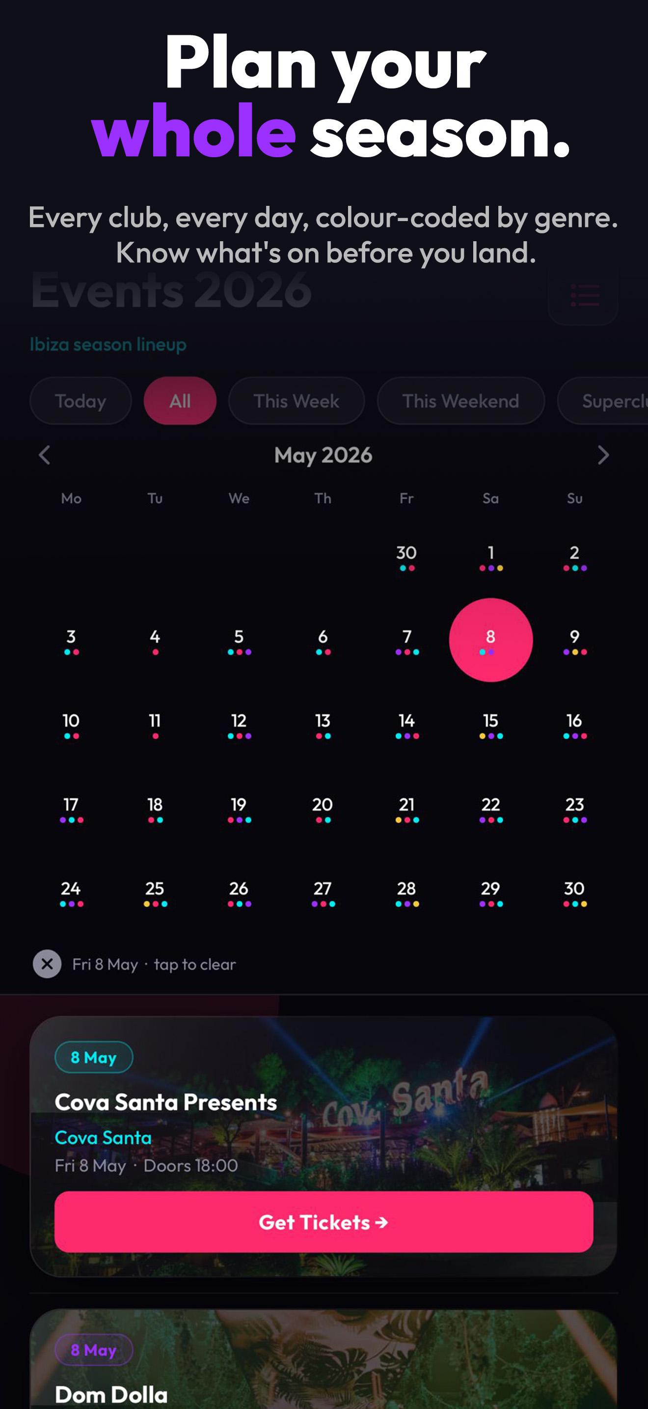 Calendar — every club, every day, colour-coded by genre